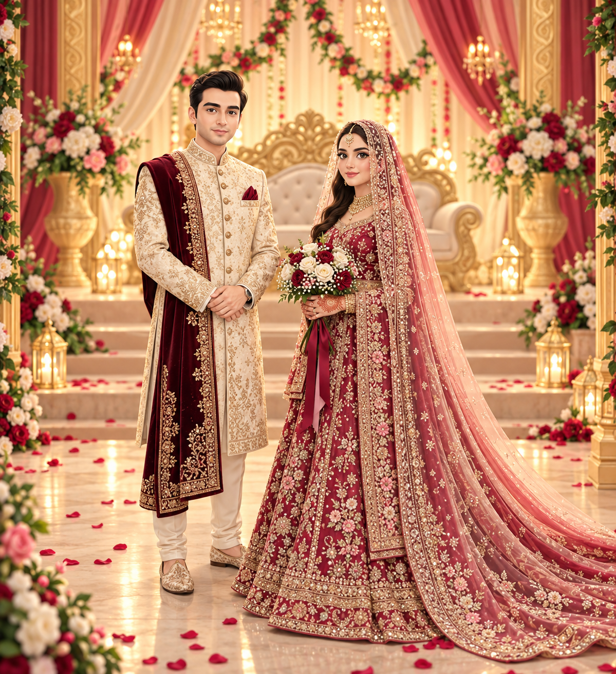 Illustrated bride and groom in traditional wedding attire