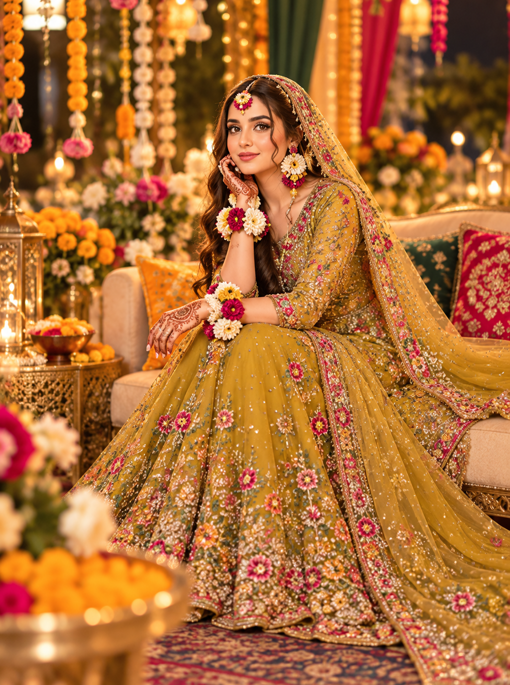 Illustrated bride and groom in traditional wedding attire